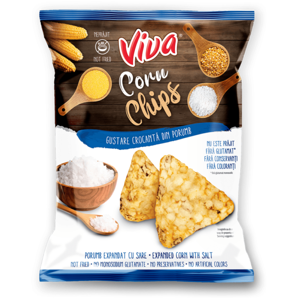 VIVA CORN CHIPS Snacks din porumb expandat cu aromă de sare 50g – 28 BUC/BAX