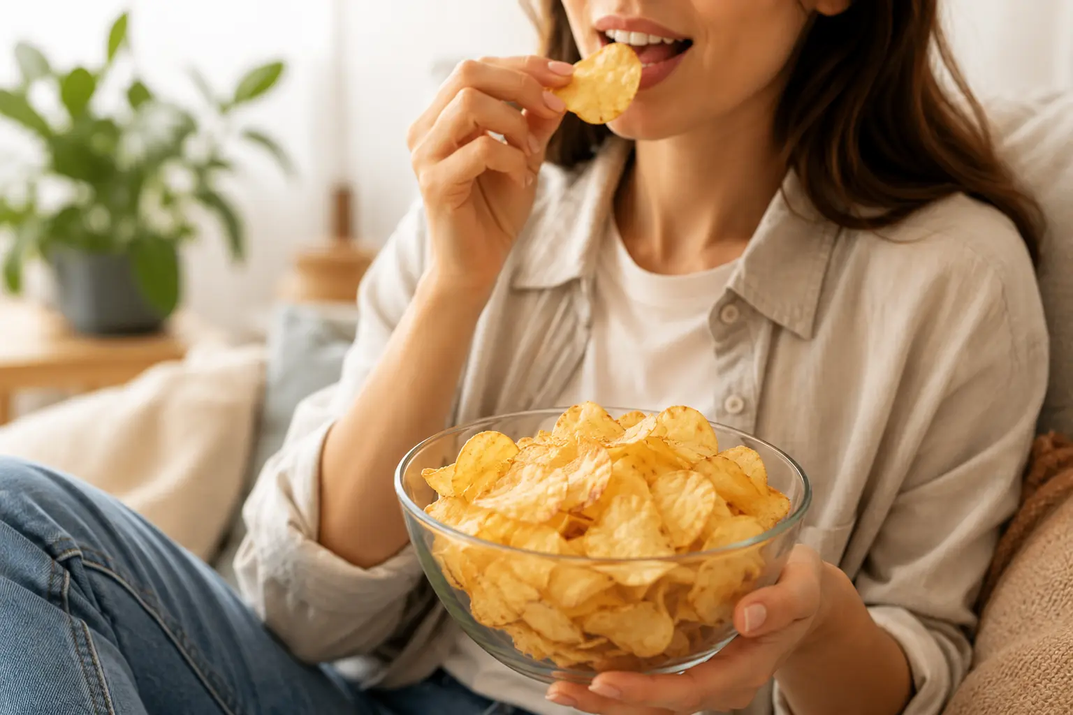 Femeie pe o canapea mâncând chipsuri dintr-un bol de sticlă