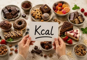 Masă plină cu farfurii cu dulciuri și două mâini care țin un cartonaș pe care scrie Kcal