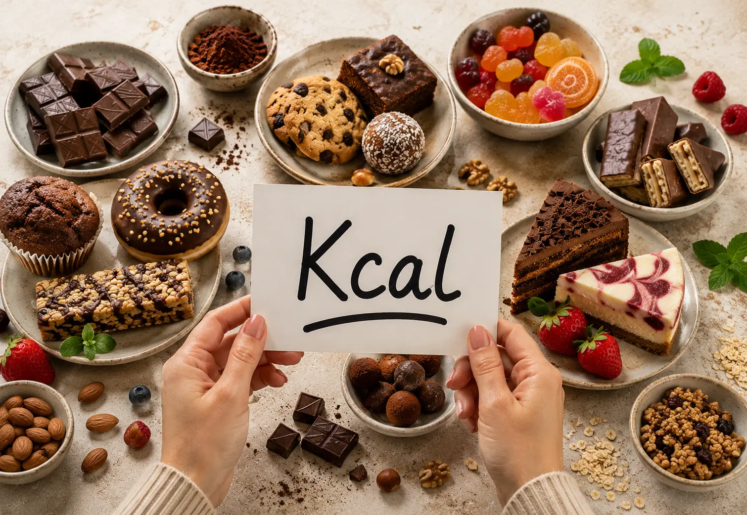 Masă plină cu farfurii cu dulciuri și două mâini care țin un cartonaș pe care scrie Kcal