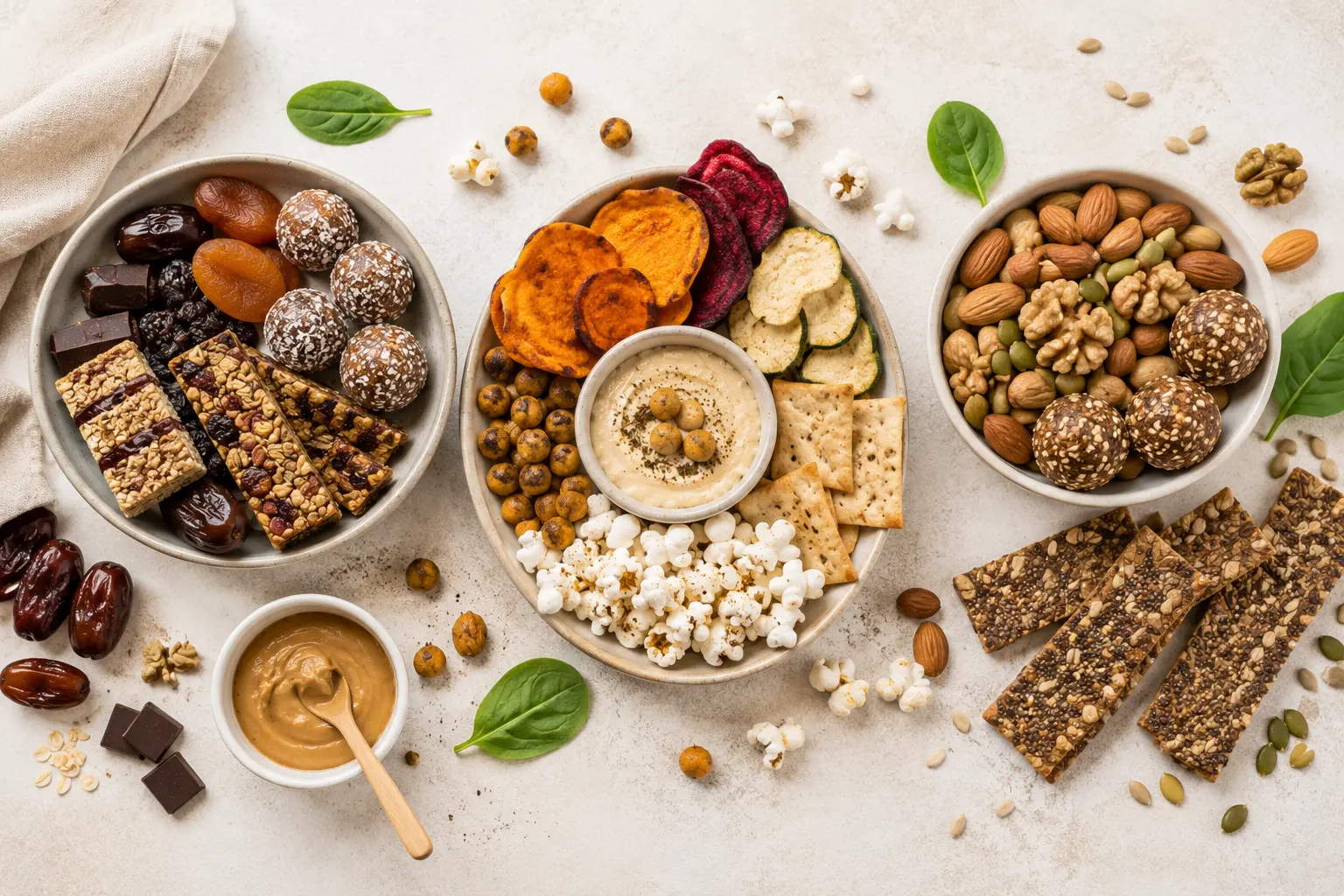 Snacksuri dulci, sărate, și echilibrate, așezate pe farfurii pe o masă
