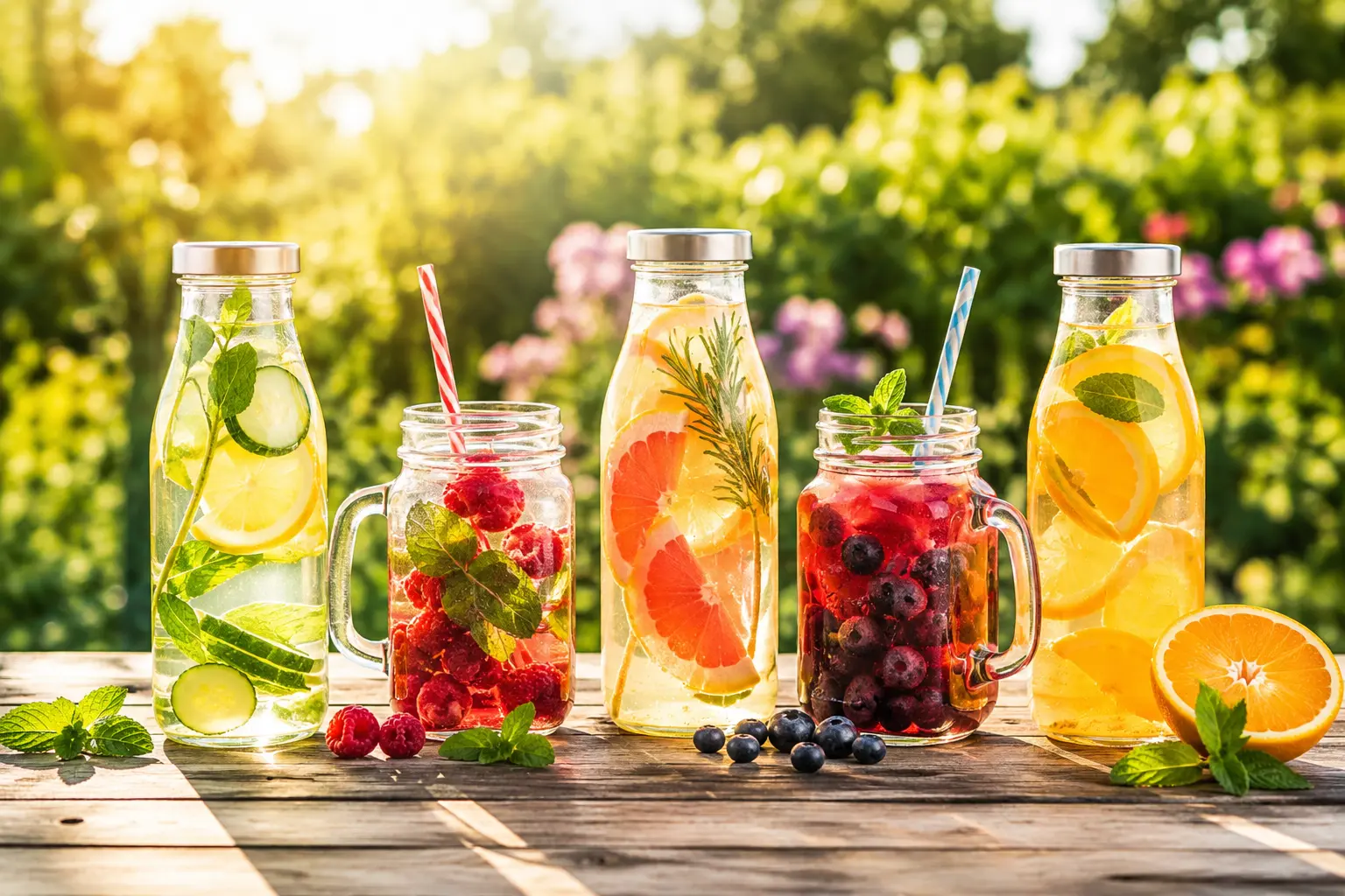 Mai multe băuturi naturale infuzate cu fructe, mentă și citrice, așezate pe o masă din lemn în aer liber.