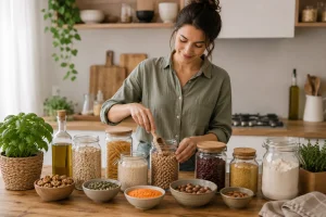 O femeie în bucătărie land năut dintr-un borcan și mai multe produse culinare alături