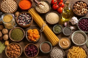 Recipiente cu mai multe ingrediante și produse culinare așezate pe o masă din lemn