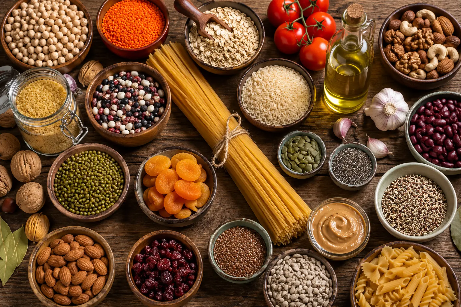 Recipiente cu mai multe ingrediante și produse culinare așezate pe o masă din lemn