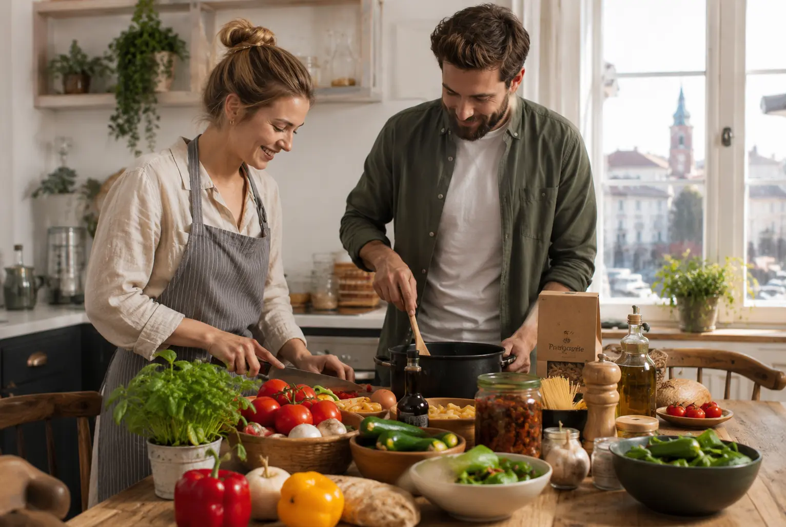 Un cuplu care gătește cu mai multe produse culinare pe o masă de lemn