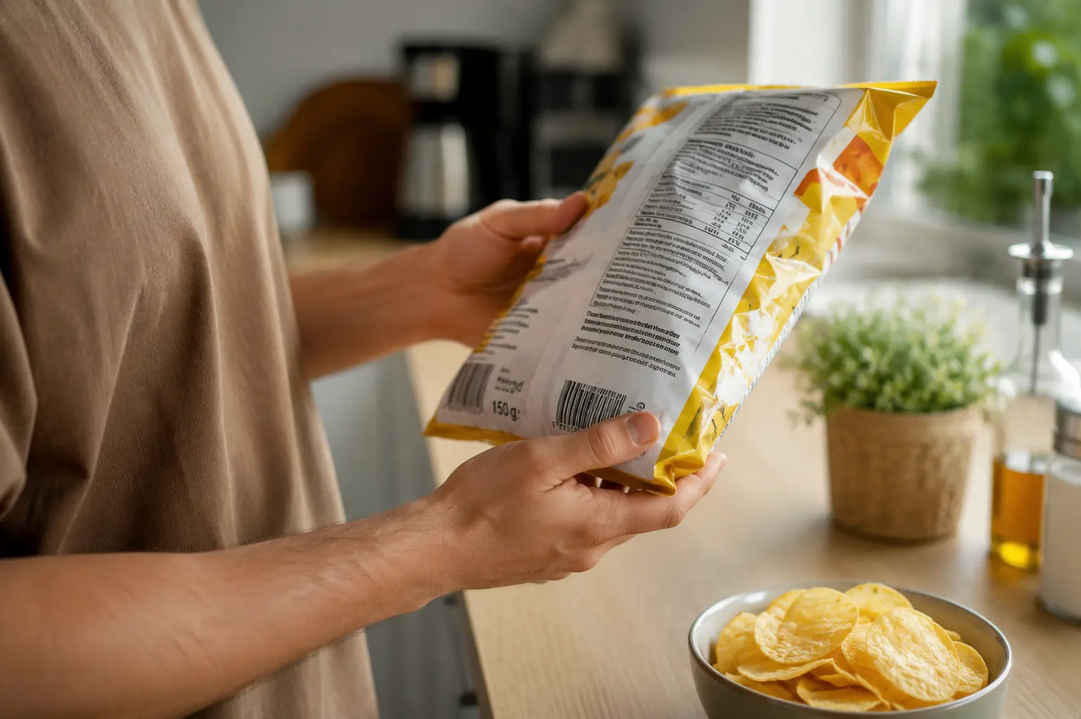 Persoană analizând eticheta nutrițională a unei pungi de chipsuri.