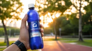 Sticlă Rienergy Refresher Energy Drink ținută în mână, pe fundal outdoor luminos, pentru articol despre băuturi pentru energie și concentrare.