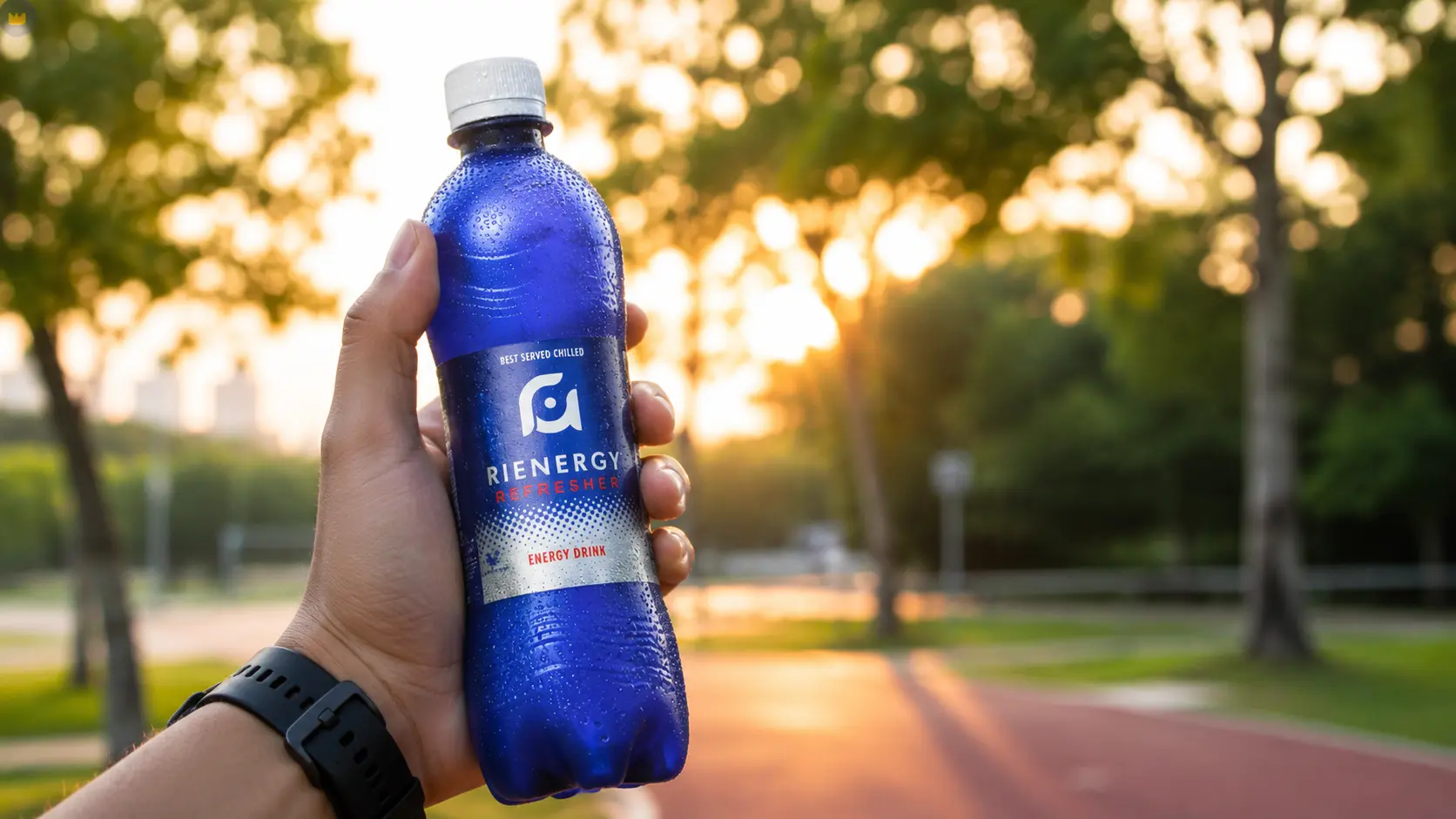 Sticlă Rienergy Refresher Energy Drink ținută în mână, pe fundal outdoor luminos, pentru articol despre băuturi pentru energie și concentrare.
