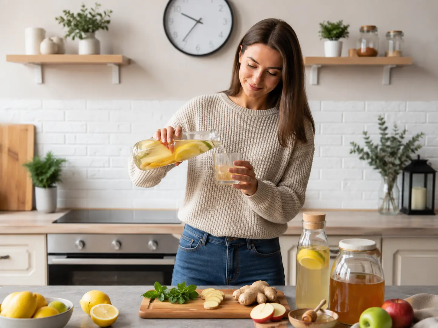 Femeie într-o bucătărie luminoasă, turnând o băutură cu lămâie și ghimbir într-un pahar, alături de fructe, plante aromatice și ingrediente naturale.