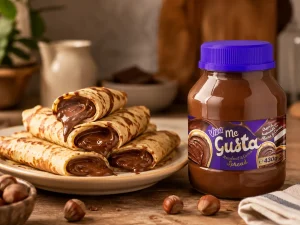 Clătite umplute cu cremă de alune și cacao, servite pe farfurie, alături de borcanul Viva Me Gusta Hazelnut & Cocoa Spread.