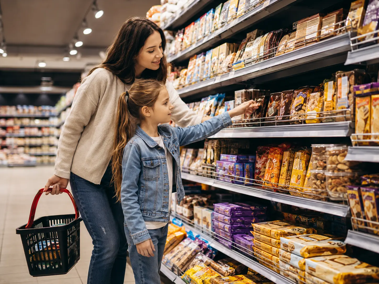 Mamă și copil aleg produse din raionul de dulciuri al unui supermarket, cu biscuiți, napolitane și snacks-uri dulci pe rafturi, pentru articol despre cum alegi dulciurile din magazinul online.