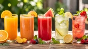 Pahare cu sucuri naturale, nectaruri din fructe și băuturi aromatizate cu gheață, decorate cu portocale, piersici, pepene, lămâie, fructe de pădure și mentă