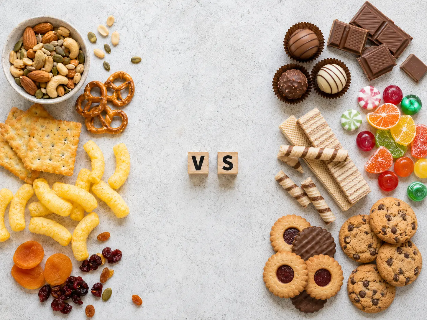 Comparație între snacks-uri și dulciuri, cu nuci, semințe, crackers, covrigei, pufuleți și fructe uscate pe o parte, iar pe cealaltă parte ciocolată, bomboane, praline, jeleuri, napolitane și biscuiți dulci.