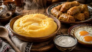 Mămăligă cremoasă servită pe masă rustică, alături de sarmale, smântână și ouă ochiuri, într-o prezentare tradițională românească.