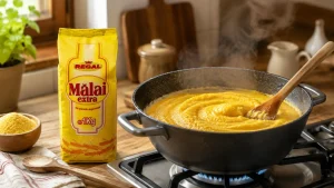 Oală cu mămăligă fierbinte pe foc, amestecată cu lingură de lemn, alături de pachetul de Mălai Extra Regal, într-o bucătărie rustică.