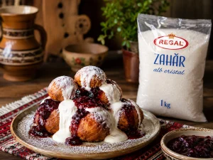 Papanași tradiționali cu smântână și dulceață de fructe de pădure, serviți alături de pachetul de zahăr alb cristal Regal de 1 kg.