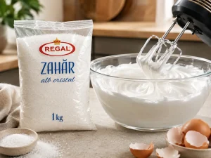 Bezea pentru Pavlova mixată într-un bol de sticlă, alături de pachetul de zahăr alb cristal Regal de 1 kg.