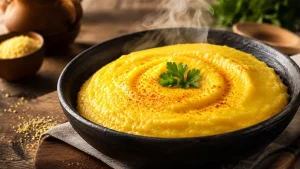 Mămăligă tradițională cremoasă și fierbinte, servită într-un bol rustic, fără cocoloașe, decorată cu pătrunjel și presărată cu puțin condiment.