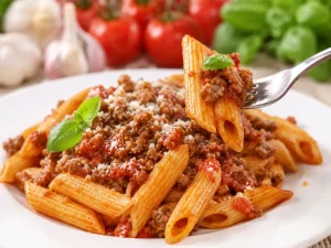 Paste penne cu sos bolognese și carne tocată, servite cu parmezan și frunze proaspete de busuioc.