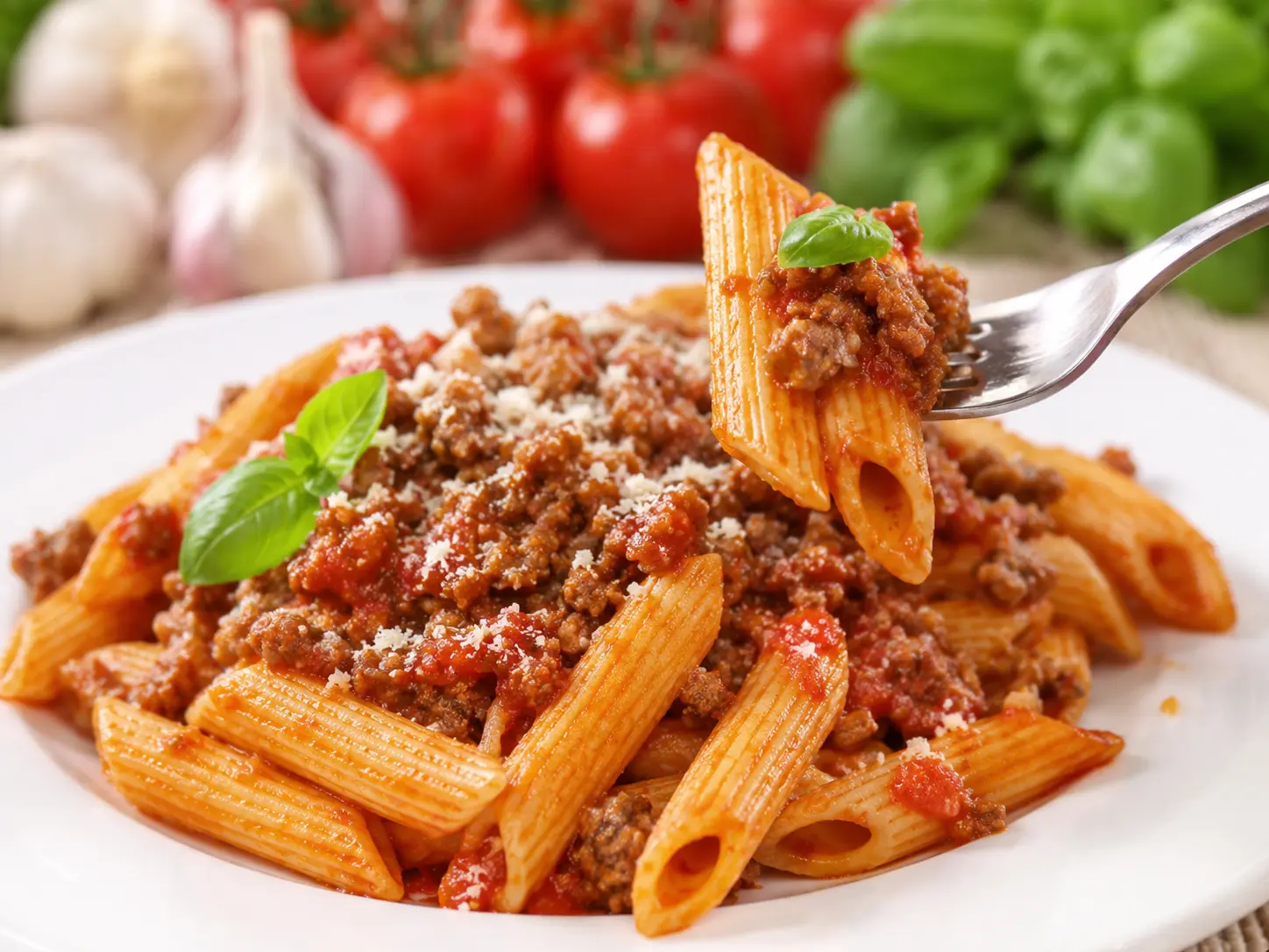 Paste penne cu sos bolognese și carne tocată, servite cu parmezan și frunze proaspete de busuioc.