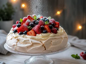 Pavlova cu bezea crocantă, cremă fină, căpșuni, zmeură și afine, decorată cu mentă și zahăr pudră.