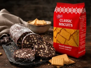 Salam de biscuiți tăiat felii, alături de pachetul Viva Classic Biscuits și biscuiți populari, într-o compoziție rustică.