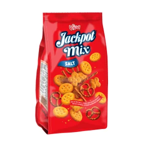 Ambalaj Viva Jackpot Mix Salt 300 g, mix de covrigei, stixuri și biscuiți sărați.