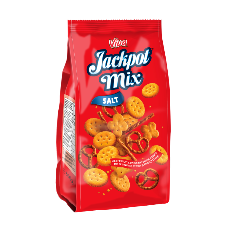 Ambalaj Viva Jackpot Mix Salt 300 g, mix de covrigei, stixuri și biscuiți sărați.