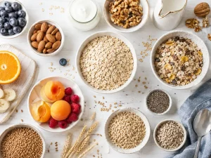 Selecție de cereale integrale, fulgi de ovăz și granola, alături de fructe și semințe, într-o compoziție care ilustrează varietatea nutrienților din cereale.
