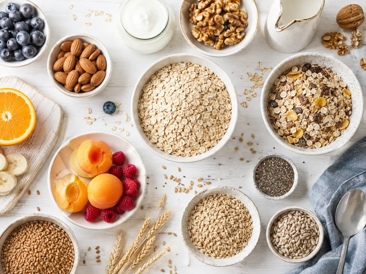 Selecție de cereale integrale, fulgi de ovăz și granola, alături de fructe și semințe, într-o compoziție care ilustrează varietatea nutrienților din cereale.