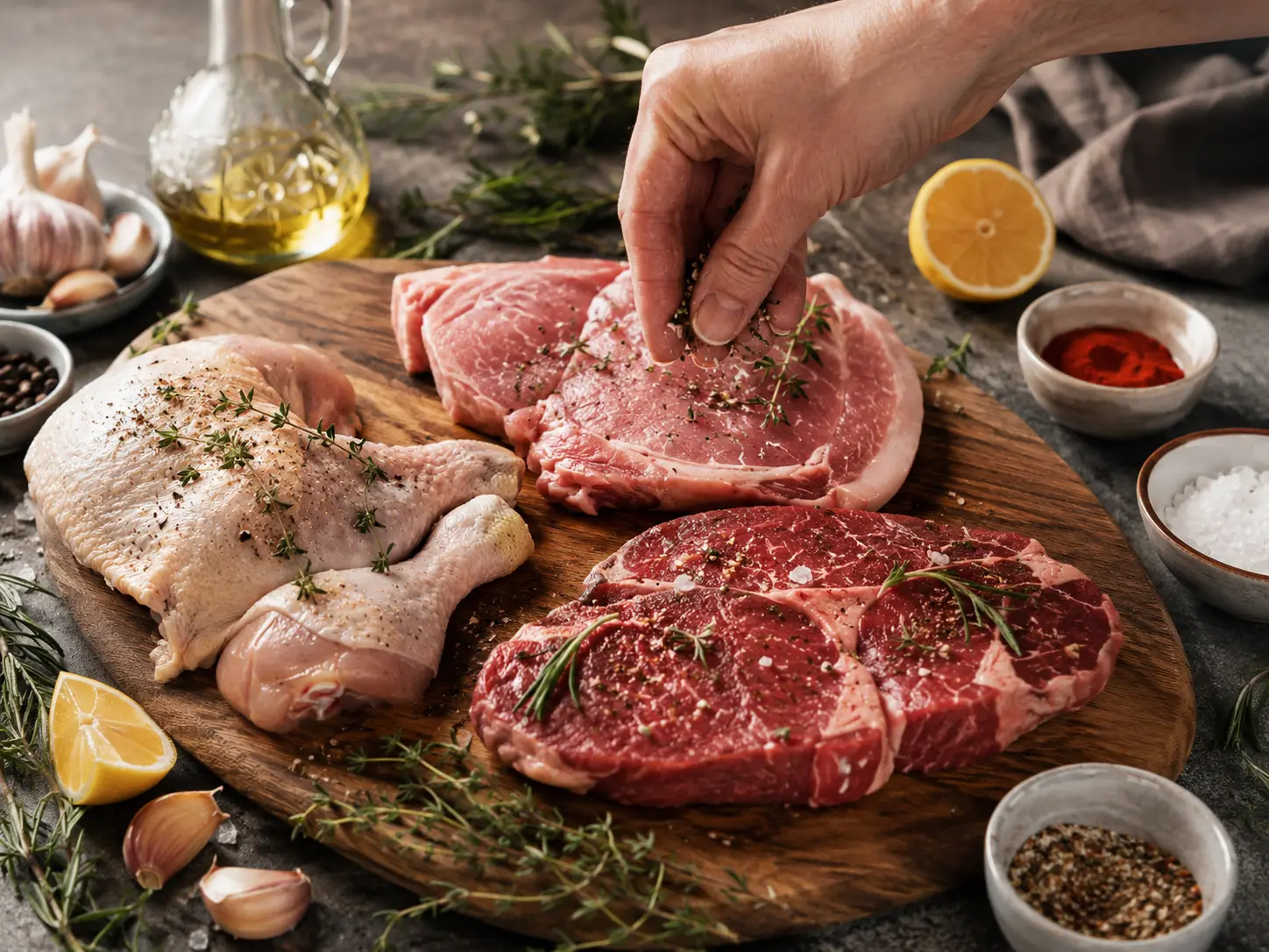 Tipuri de carne asezonate cu condimente și ierburi aromatice potrivite pentru gătit