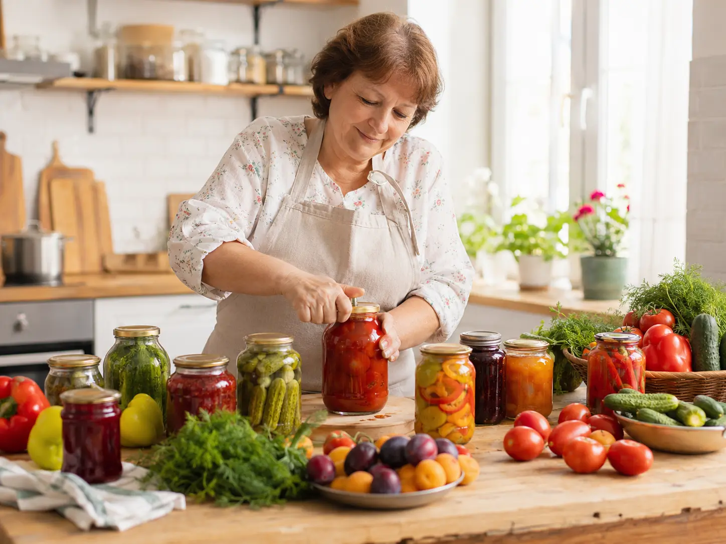Femeie care pregătește conserve de casă pentru iarnă, cu borcane de legume și fructe pe masa din bucătărie.