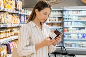Femeie într-un supermarket care citește eticheta unui produs dulce, ilustrând verificarea informațiilor nutriționale înainte de cumpărare.