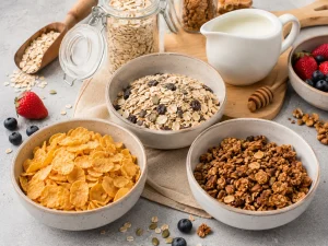 Boluri cu cereale, musli și granola, alături de ovăz, lapte și fructe, într-o compoziție care ilustrează diferențele dintre aceste produse pentru micul dejun.