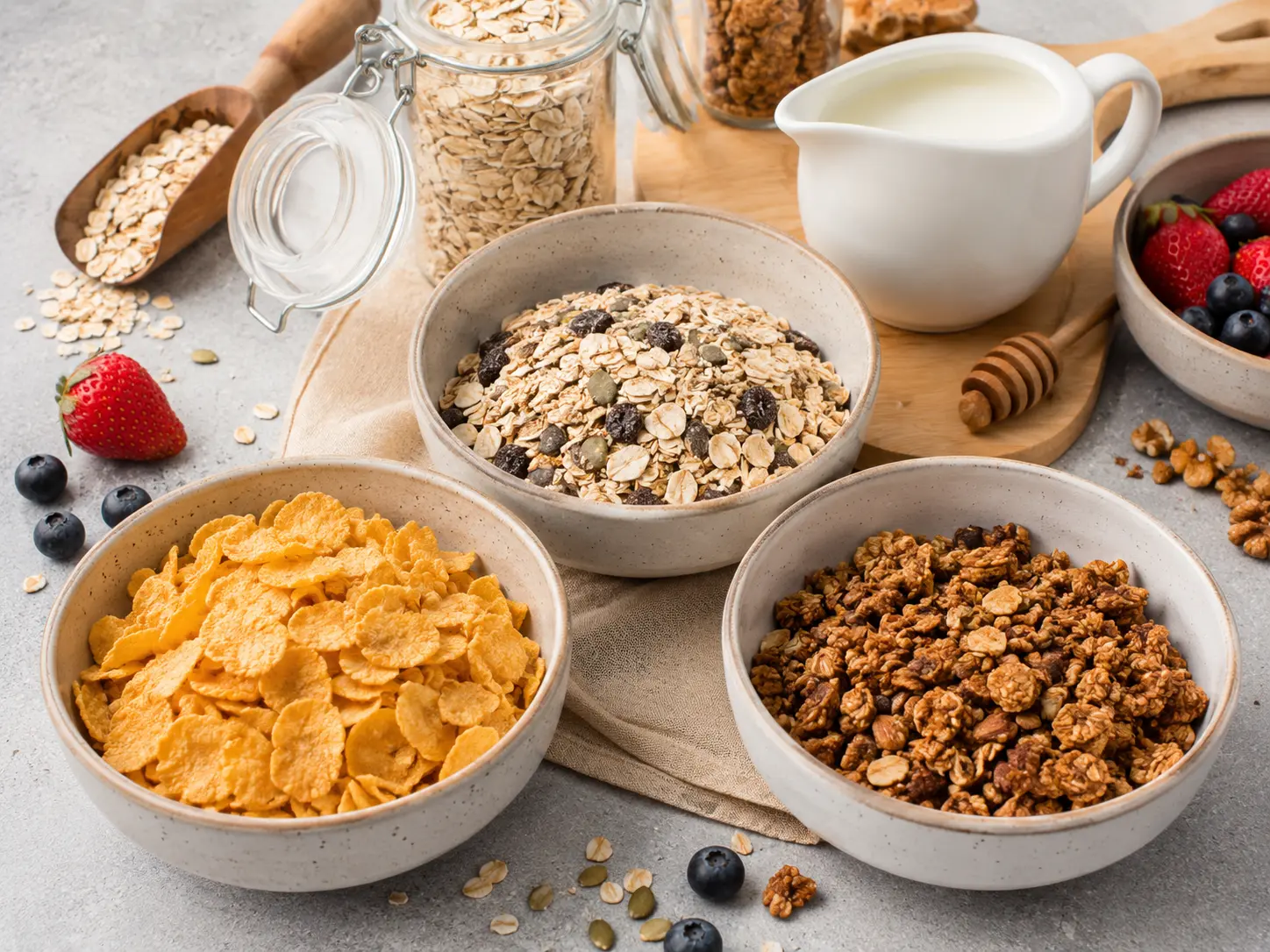 Boluri cu cereale, musli și granola, alături de ovăz, lapte și fructe, într-o compoziție care ilustrează diferențele dintre aceste produse pentru micul dejun.