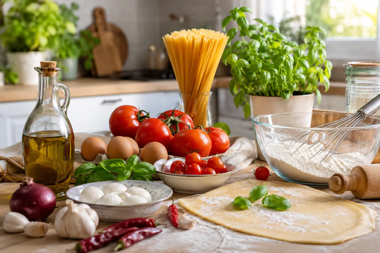 Ingrediente culinare pentru rețete rapide, așezate pe masa din bucătărie: paste, roșii, busuioc, ouă, ulei de măsline, făină și aluat pregătit pentru gătit.