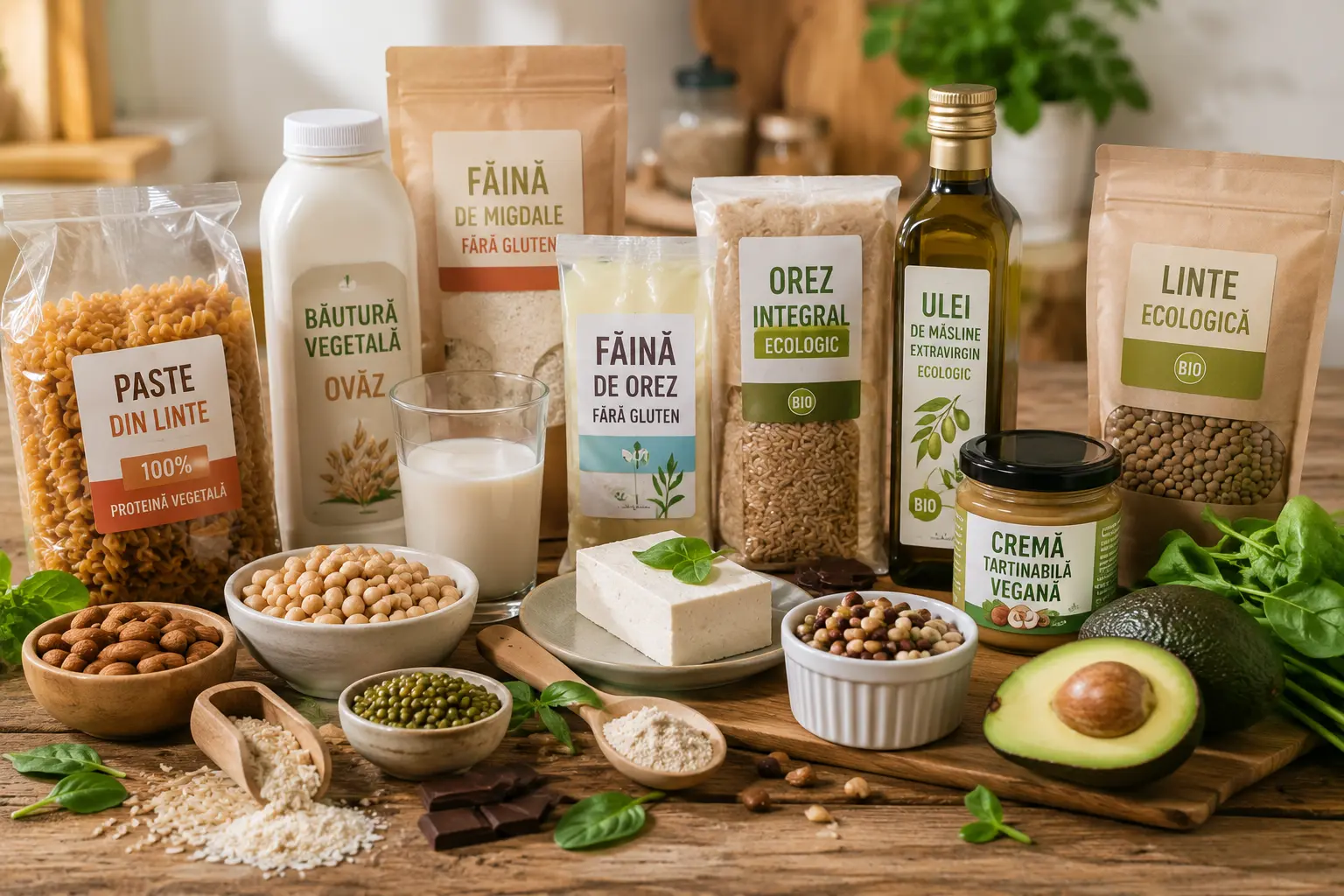 Produse culinare speciale vegane, fără gluten și bio, alături de tofu, leguminoase, avocado și băutură vegetală.