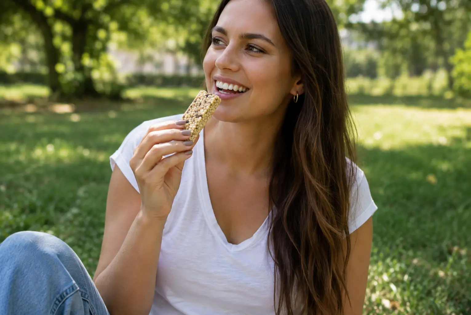 Femeie care consumă o gustare cu cereale și semințe, sursă de fibre alimentare.