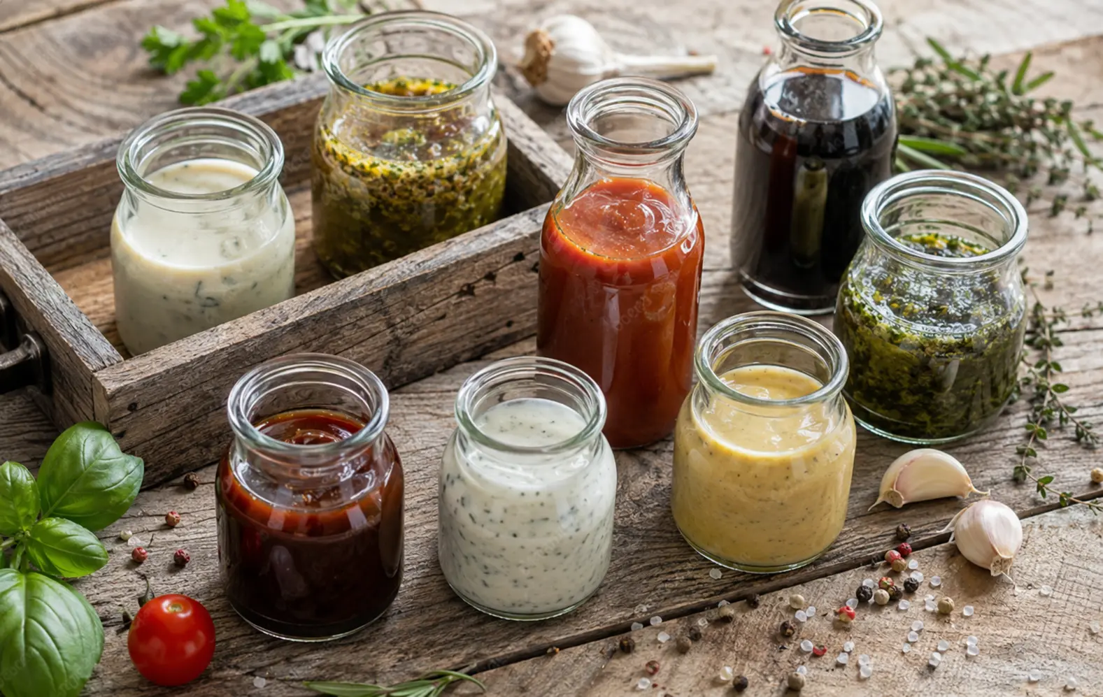 Sosuri și condimente lichide în borcane, cu ierburi aromatice și ingrediente proaspete