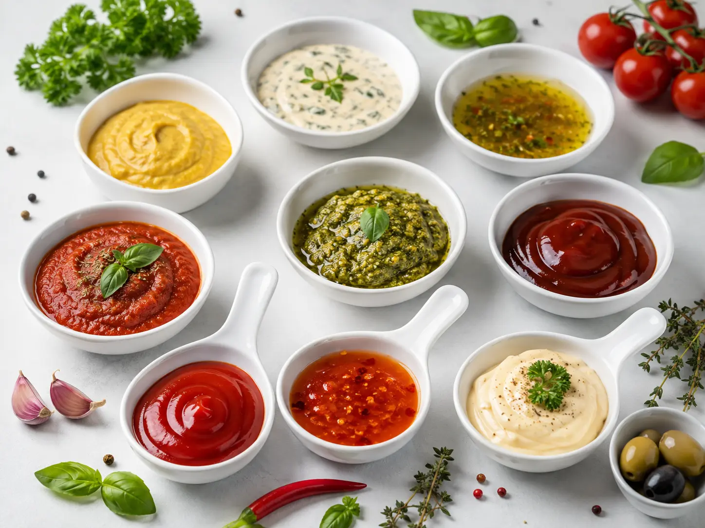 Diferite tipuri de sosuri pentru salate, carne, paste și gustări