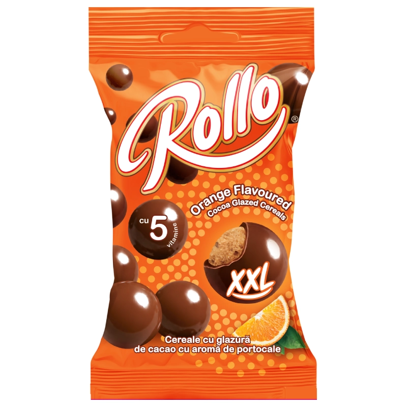 Ambalaj Rollo XXL 100 g, cereale expandate cu glazură de cacao și aromă de portocale.