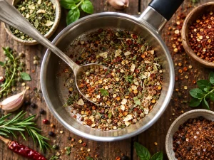 Amestecuri de condimente în vas metalic și boluri, alături de ierburi aromatice și mirodenii, pe o masă rustică.