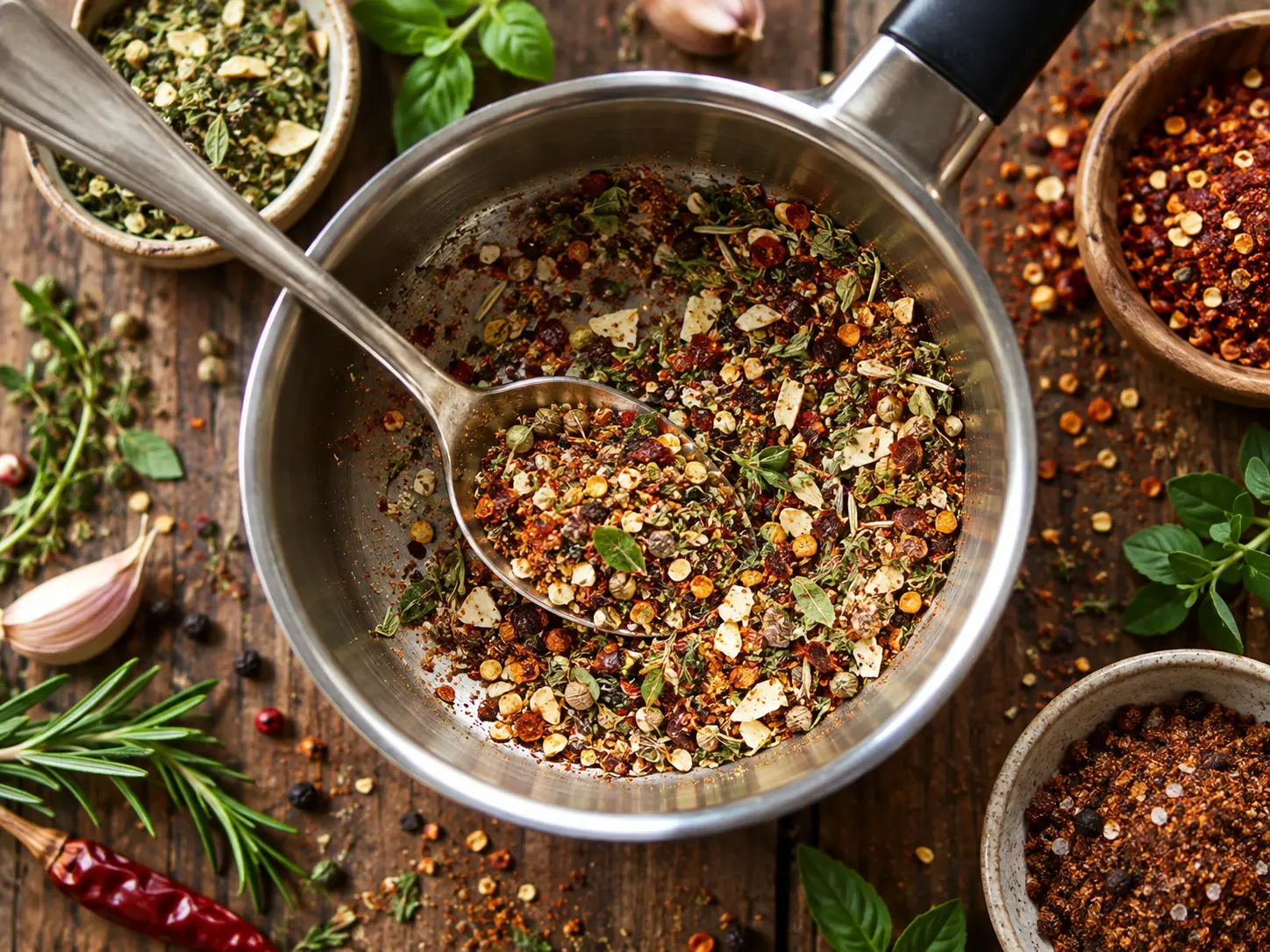 Amestecuri de condimente în vas metalic și boluri, alături de ierburi aromatice și mirodenii, pe o masă rustică.