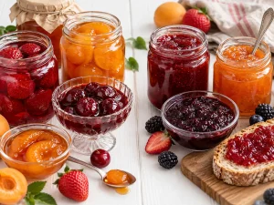 Borcanase cu dulceață și gem din diferite fructe, așezate pe o masă albă, alături de fructe proaspete și o felie de pâine unsă.