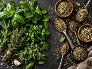 Ierburi aromatice proaspete și uscate, precum busuioc, mentă, rozmarin și cimbru, așezate pe un fundal închis.