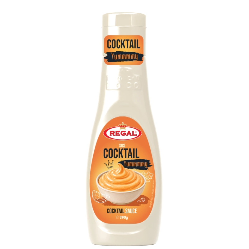 Flacon Regal Sos Cocktail 390 g, sos cremos galben-portocaliu pentru aperitive și gustări.