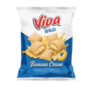 Ambalaj Viva Pernițe Albe cu Cremă de Banane 200 g, snack extrudat umplut cu cremă de banane.