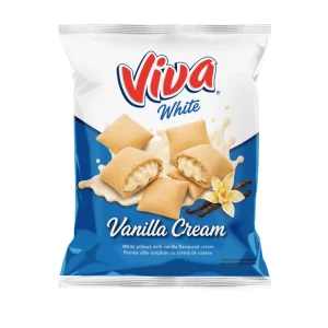 Ambalaj Viva Pernițe Albe cu Cremă de Vanilie 200 g, snack extrudat umplut cu cremă de vanilie.