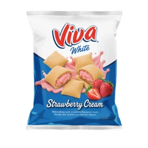 Ambalaj Viva White Pernițe cu Cremă de Căpșuni 200 g, snack extrudat umplut cu cremă de căpșuni.
